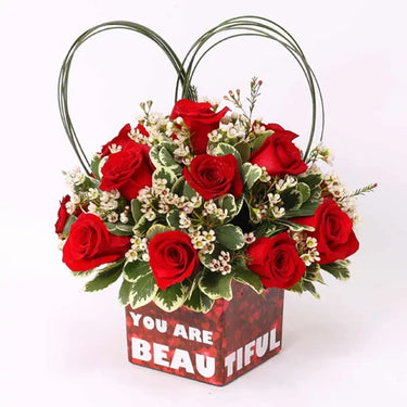 You Are Beautiful, Red Roses, Flower Vase, White Wax Flowers, Steel Grass, Pittosporum Illan Green Leaves, Glass Vase